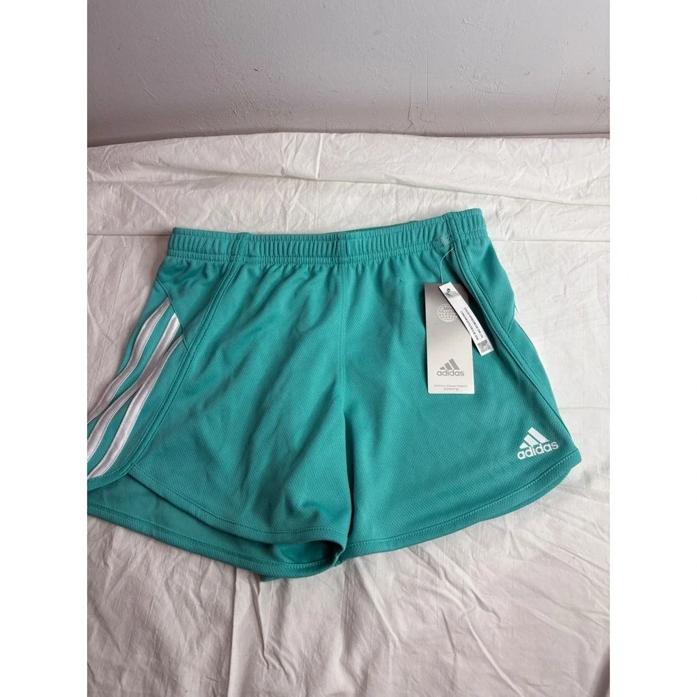 Adidas Kids Teal Athletic Shorts with Silver Stripes Size L 14 NWT